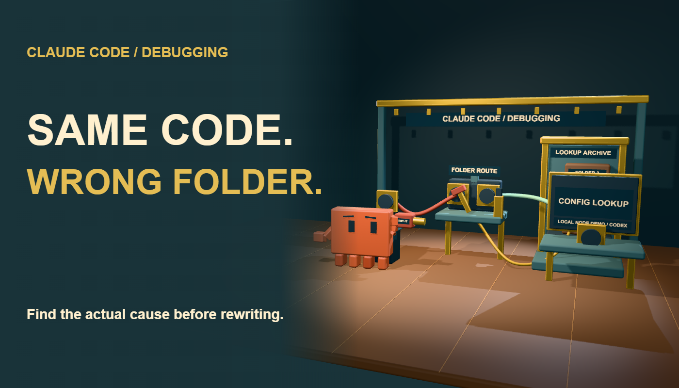 Clawd holds a signal plug beside teal and brass routing paths under the Same Code. Wrong Folder. headline.