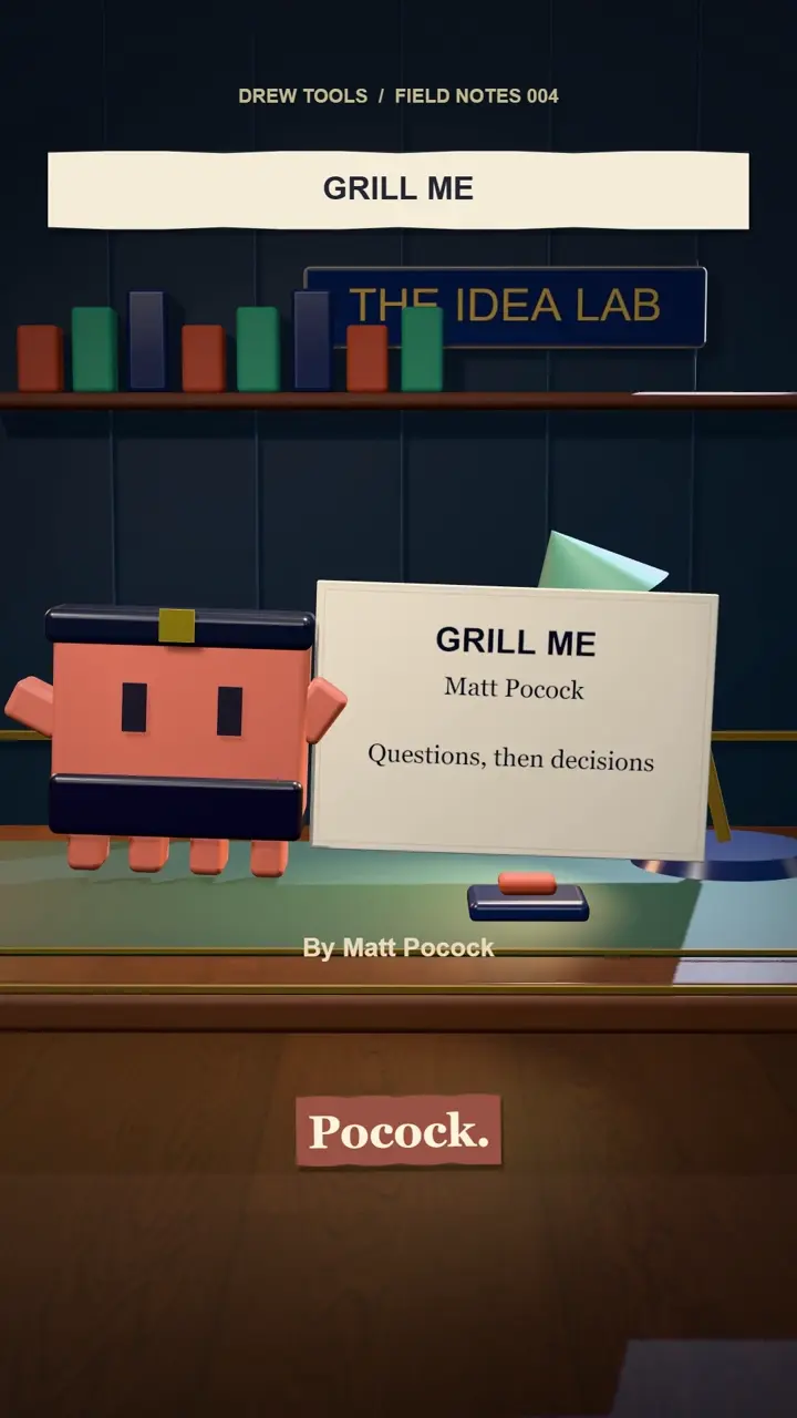 Drew Ski’s original Grill Me animation: an orange character presents a card crediting Matt Pocock.
