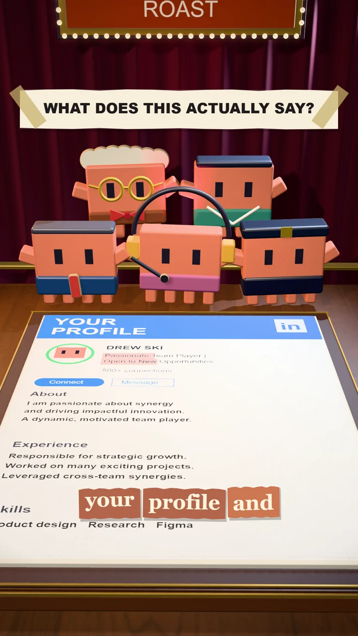 Five animated reviewers inspect Drew Ski’s example LinkedIn profile on a theater stage.