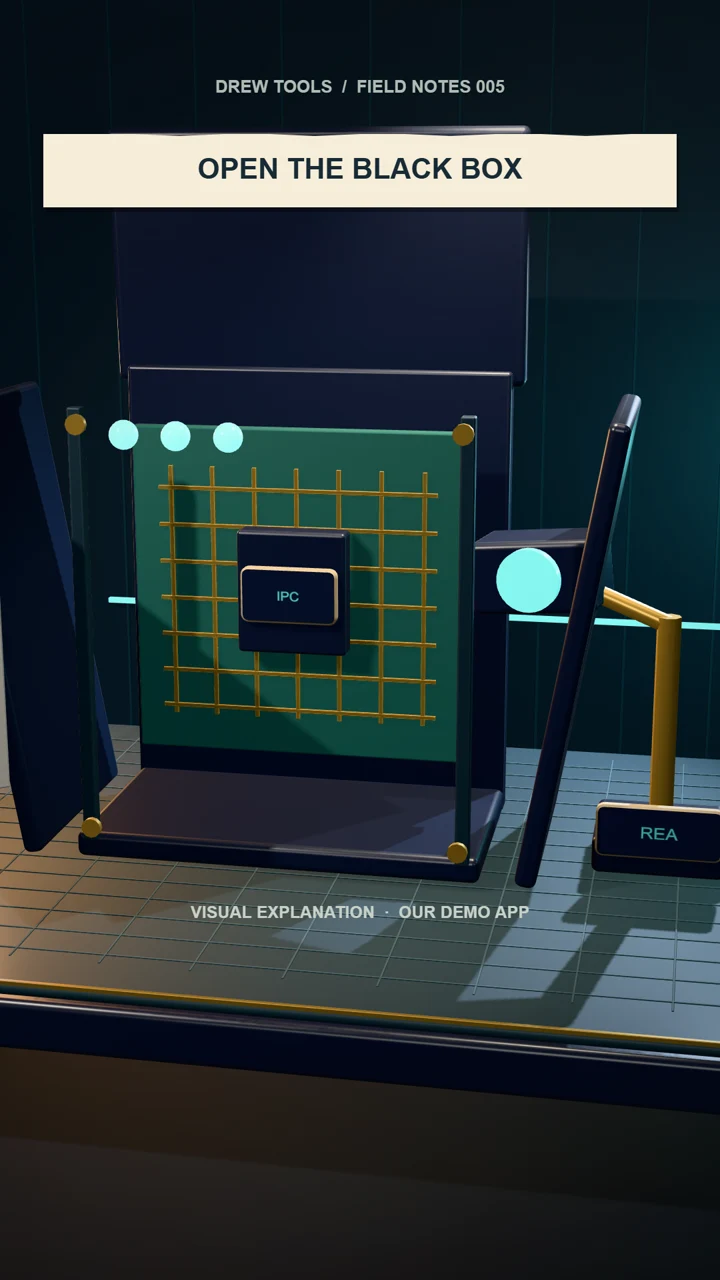 Drew Ski’s animated REA inspection bench reveals the message board inside a fictional app enclosure.