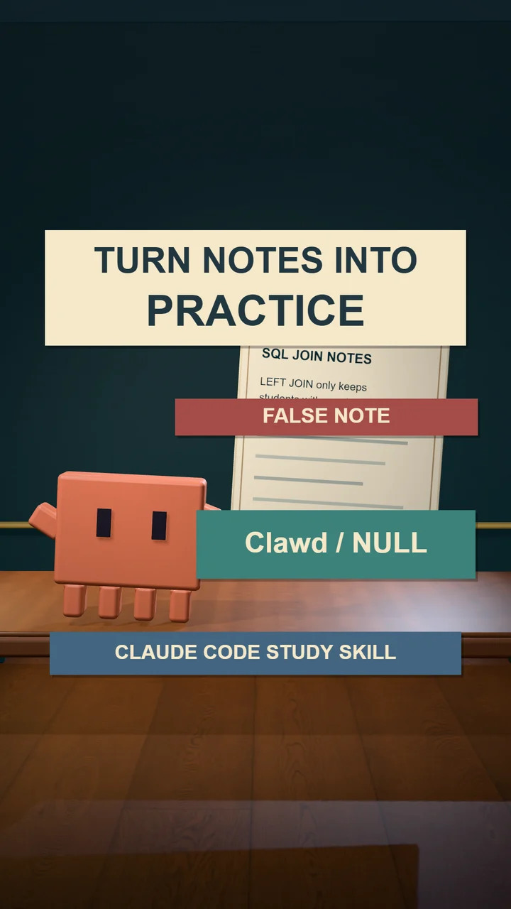 Clawd sorts Drew Ski SQL join notes into question cards and a dated review plan.